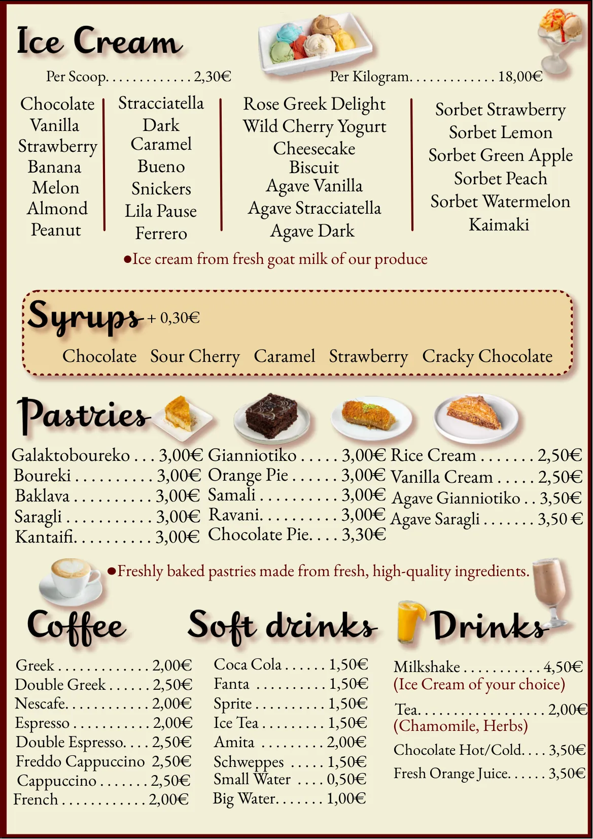 Menu: ice cream, syrups, pastries, coffee, soft drinks and drinks